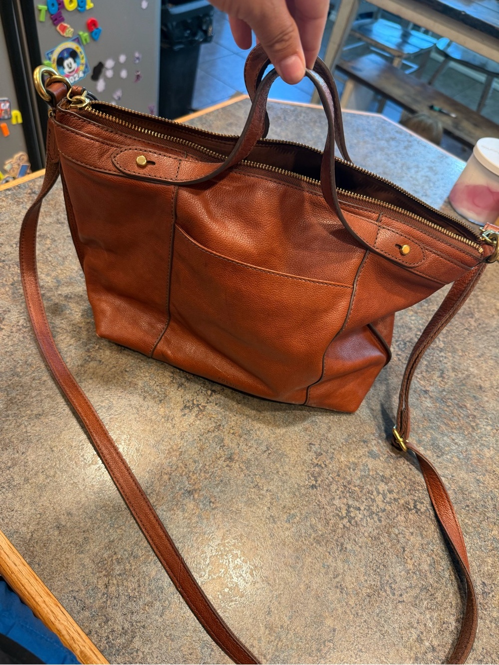 Fossil Brand Classic Leather Tote Handbag in Cognac Brown